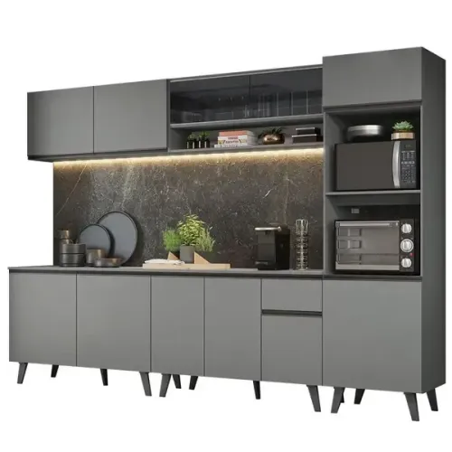 Armário de Cozinha Completa 300cm Cinza Nice Madesa 01