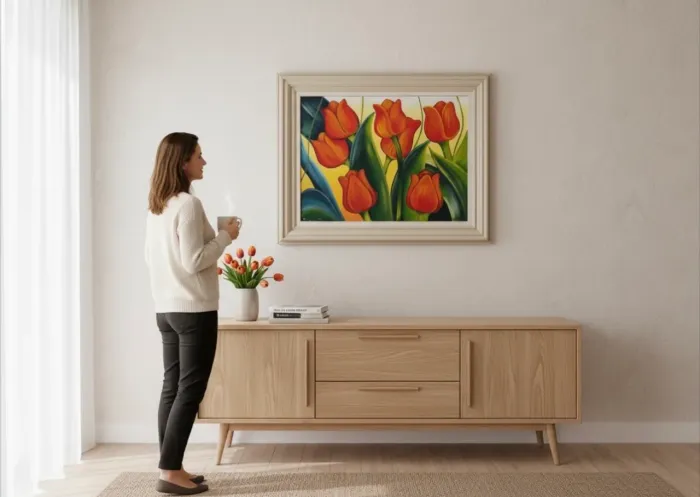 quadro decorativo pintado a mão, pintura a óleo, retratando tulipas