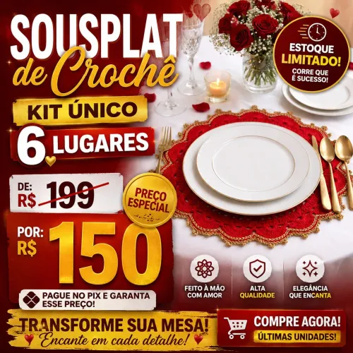 Kit Sousplat de Crochê Luxo 6 lugares 