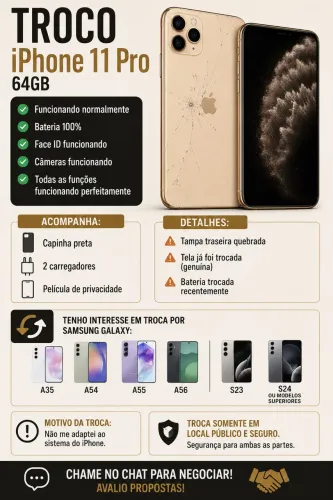 Troco iPhone 11 Pro de 64gb por Samsung 