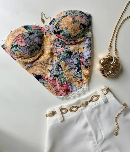 Cropped Corset Estampado com Renda 