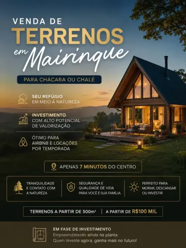 TERRENOS EM MAIRINQUE 30 MIN DE COTIA OU 30MIN DE SOROCABA  A APENAS 7 MINUTOS DO CENTRO D