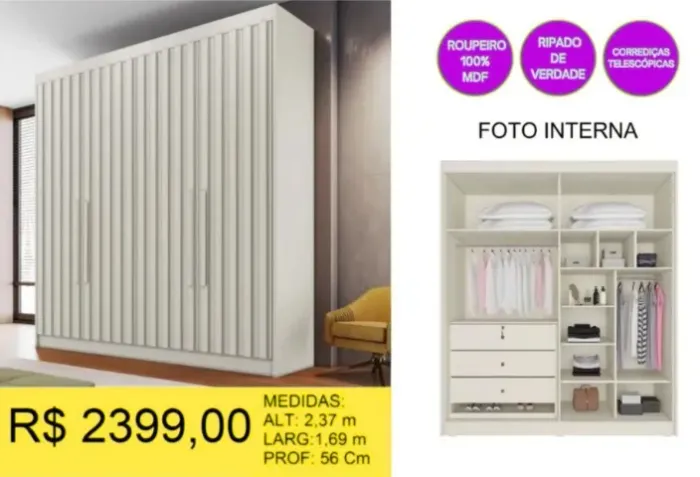 ROUPEIRO RIPADO 100% MDF A PRONTA-ENTREGA