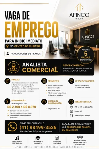 Analista Comercial - Início Imediato | Centro de Curitiba | Sem Experiência