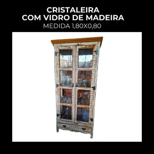 Cristaleira Rústica de Madeira Maciça com Vidro