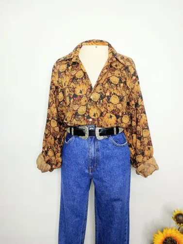 Camisa Estampada Vintage 100% Algodão Tipo Cotelê 