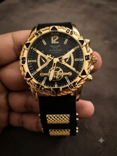 Relógio Masculino Zhowe Quartz Gold com Detalhes Luxuosos e Pulseira Preta