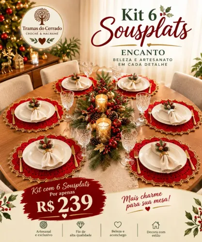 Sousplat de Natal em Crochê, 6 unidades