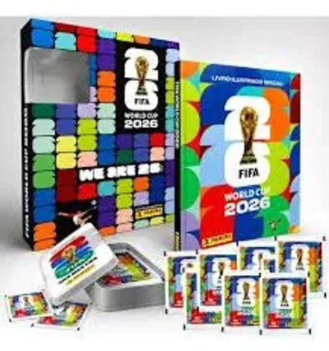 Kit com 1 Álbum da copa Capa Dura COLORIDO + 30 pacotes de figurinhas + 1 Lata colecionav