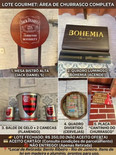 LOTE GOURMET Luminária Bohemia + Mesa Bistrô Jack Daniel's + Kit Flamengo + Quadros