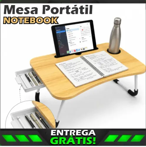 Mesa Para Notebook Portátil Dobrável com Gaveta & Porta Copo Home Office Bege