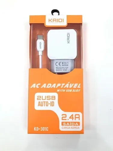 Carregador Rápido Duplo Usb Com Cabo Tipo C Original Kaidi Kd-301C Novo na Caixa