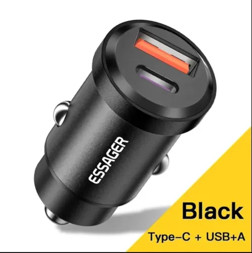 CARREGADOR VEICULAR "MINI" ESSAGER 30w - 3.0 Dual Porto (USB + C) <br>