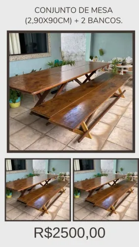 Mesa em madeira medindo 2,90 X 90 com dois bancos.