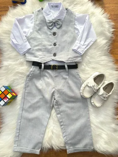 Conjunto Social Pajem Camisa Branca Calça e Colete Cinza Claro
