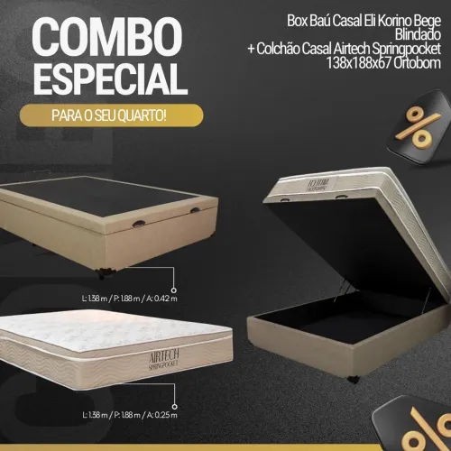 Base Bau Blindado + Colchão Casal Airtech Springpocket rf43