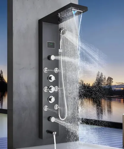 Ducha vertical com hidro cascata led inox preta aquarelax