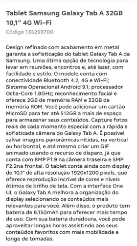 Tablet Samsung Galaxy Tab A 32GB 10,1" 4G Wi-Fi