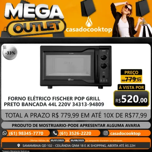 FORNO ELETRICO FISCHER POP GRILL PRETO BANCADA 44L 220V 34313-94809