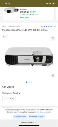 Projetor Epson PowerLite S41+ 3300ml branco