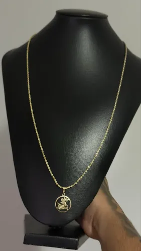 Corrente Elo baiano 2mm Pingente São Jorge banhada a ouro 18k 