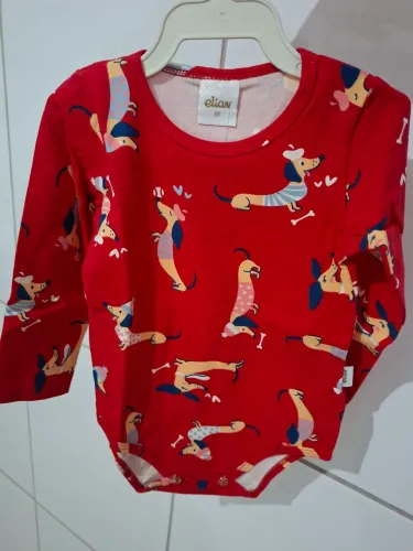 Body Infantil vermelho novo 96% algodão manga comprida estampa cachorrinhos