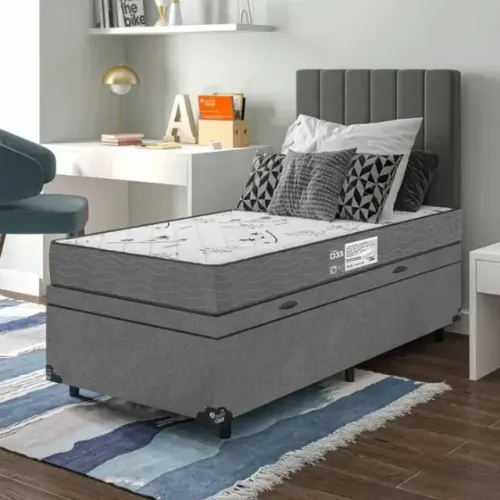 kit cama base baú cinza claro + colchão d20 solteiro