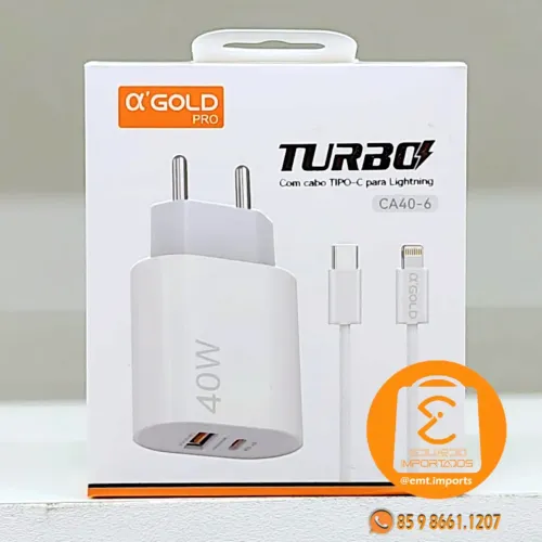 Carregador Turbo 40w com fonte QC USB-A + PD USB-C para Lightning, iPhone