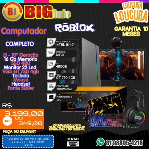 Computador Intel i5 10400 16GB RAM SSD 480GB Monitor LED 21.5 - Em ate 10x X Fixas