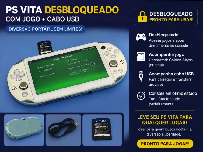 PS Vita Desbloqueado + Jogo Uncharted + Cabo USB | Pronto para Jogar
