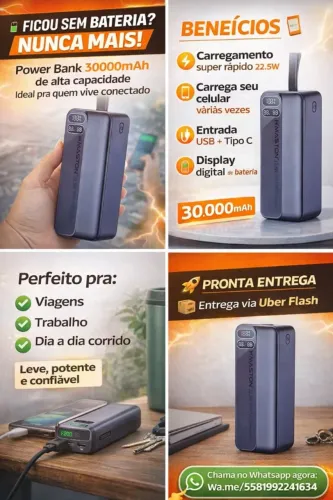 Power Bank 30000mAh - Super Rápido e Confiável