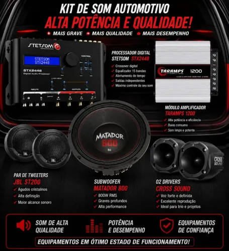 Kit de Som Automotivo Completo - Alta Potência e Qualidade de Áudio<br>