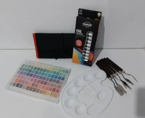Kit Completo para Pintura (Tinha Aquerela + Tinta Óleo + Espátulas + Estojo de pincéis)