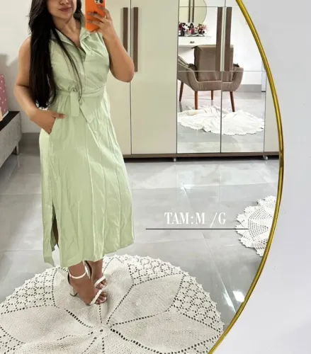Vestido Midi Verde Menta Feminino com Faixa na Cintura