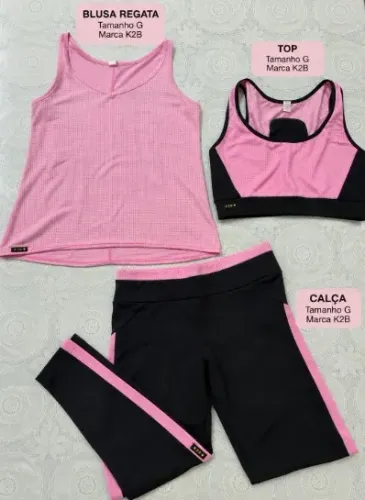 Conjunto de academia preto e rosa (calça, blusa regata e top)
