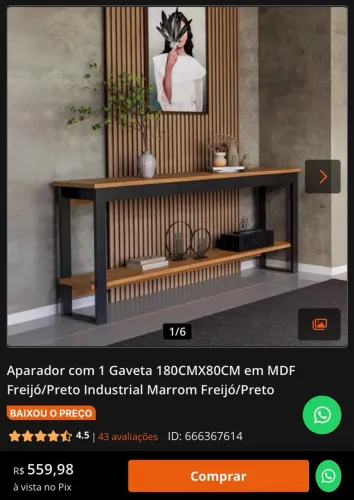 Aparador com 1 Gaveta 180CMX80CM em MDF Freijó/Preto Industrial Marrom Freijó/Preto