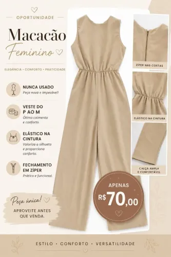 Macacão feminino Bege veste do P ao M