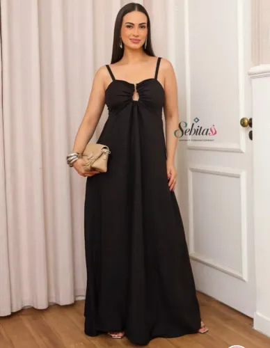 vestido preto longo elegante e sofisticado