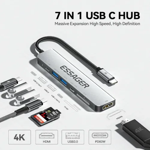 Hub USB-C 7 em 1 Essager Premium - HDMI 4K, USB 3.0 - Prata