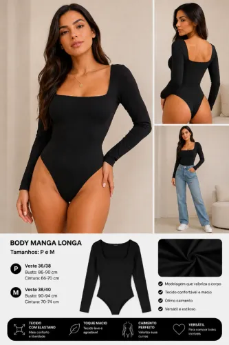 Body Manga Longa Decote Quadrado Preto - P e M - NOVO!