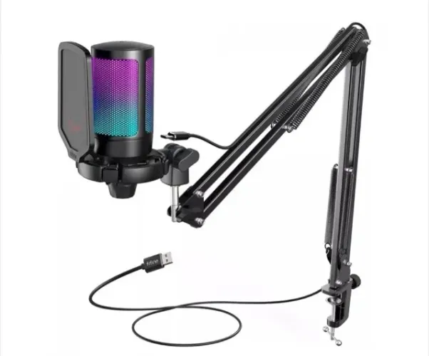 Microfone Gamer Fifine Ampligame A6T, RGB, USB, Black, Com Braço Articulado