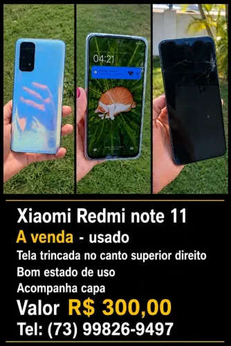 XIAOMI REDMI NOTE 11 - USADO - TELA TRINCADA NO CANTO SUPERIOR DIREITO- BOM FUNCIONAMENTO