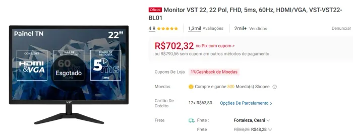 Usado apenas uma vez: Monitor VST 22, 22 Pol, FHD, 5ms, 60Hz, HDMI/VGA, VST-VST22-BL01