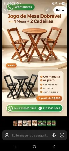 Jogo mesa bistro alta desmontável em madeira. O kit vem 1 mesa e 2 cadeiras altas.