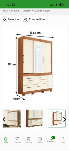Guarda Roupa Casal 3 Portas de correr e 6 gavetas 