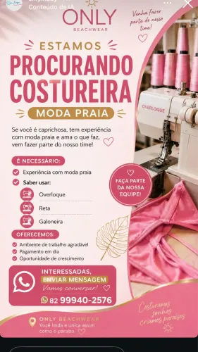 Vaga para constureira. Moda praia