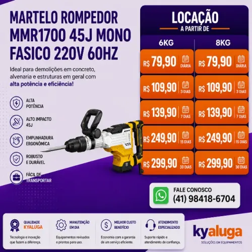 ALUGUEL - Martelete Rompedor 6kg, 8kg, 12kg, 15kg e 32kg