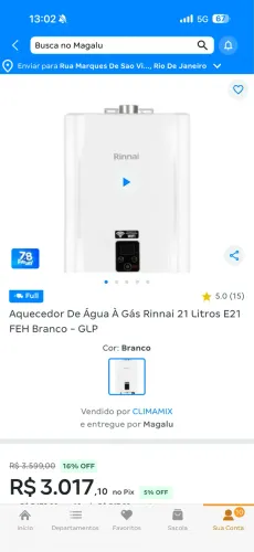 Aquecedor de água a gás Rinnai 21 litros GLP
