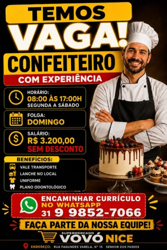 VAGA CONFEITEIRO COM EXPERIÊNCIA