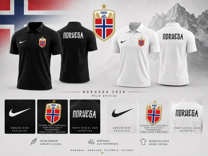 Camisa Noruega Polo 2026 Copa Nike Branca e preta